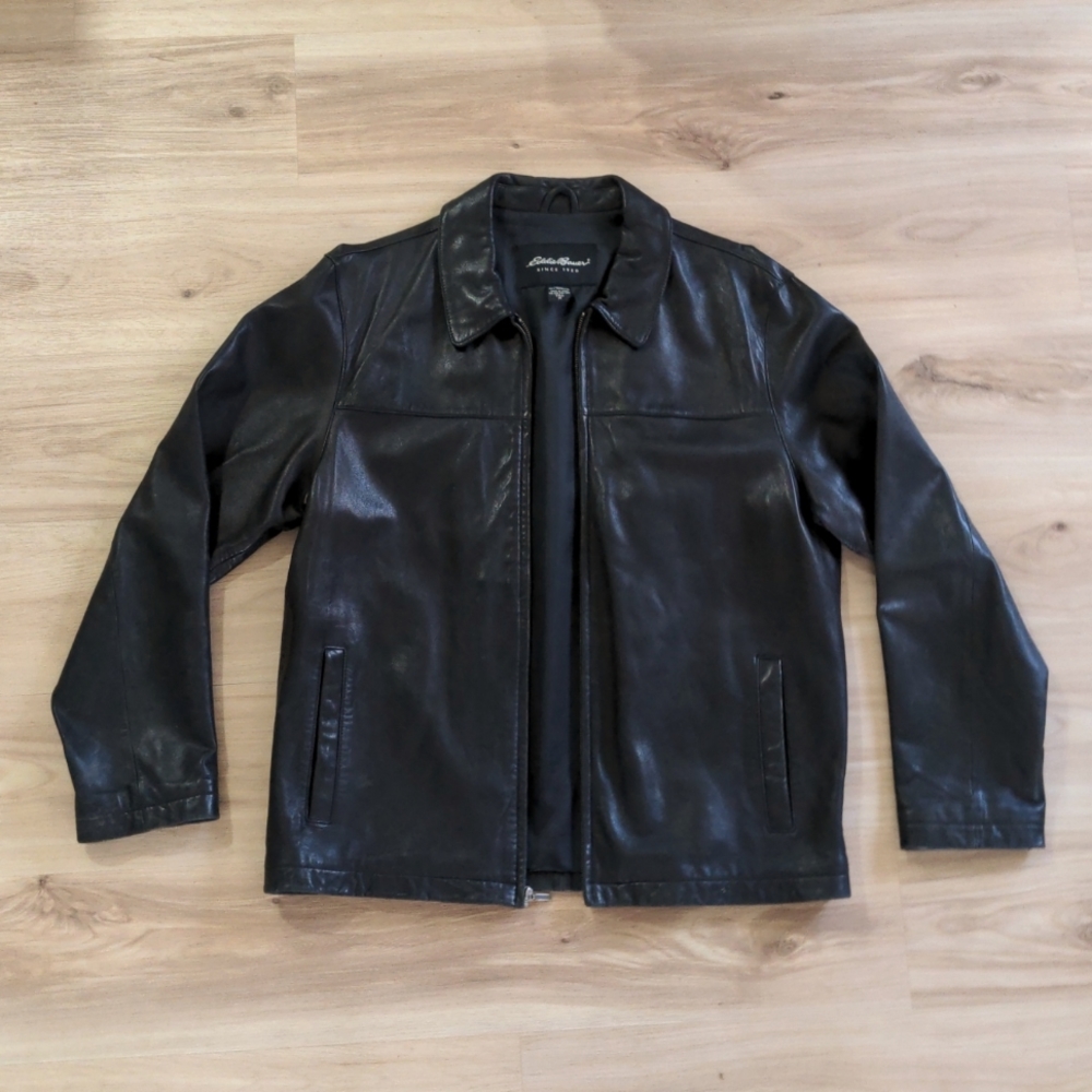 Men's Eddie Bauer Black Leather Jacket, size Medium TALL, NWOT